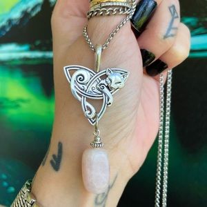 Celtic cat fox rose quartz stone steel necklace